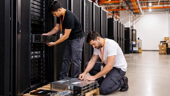 technicians installing servers in a data center